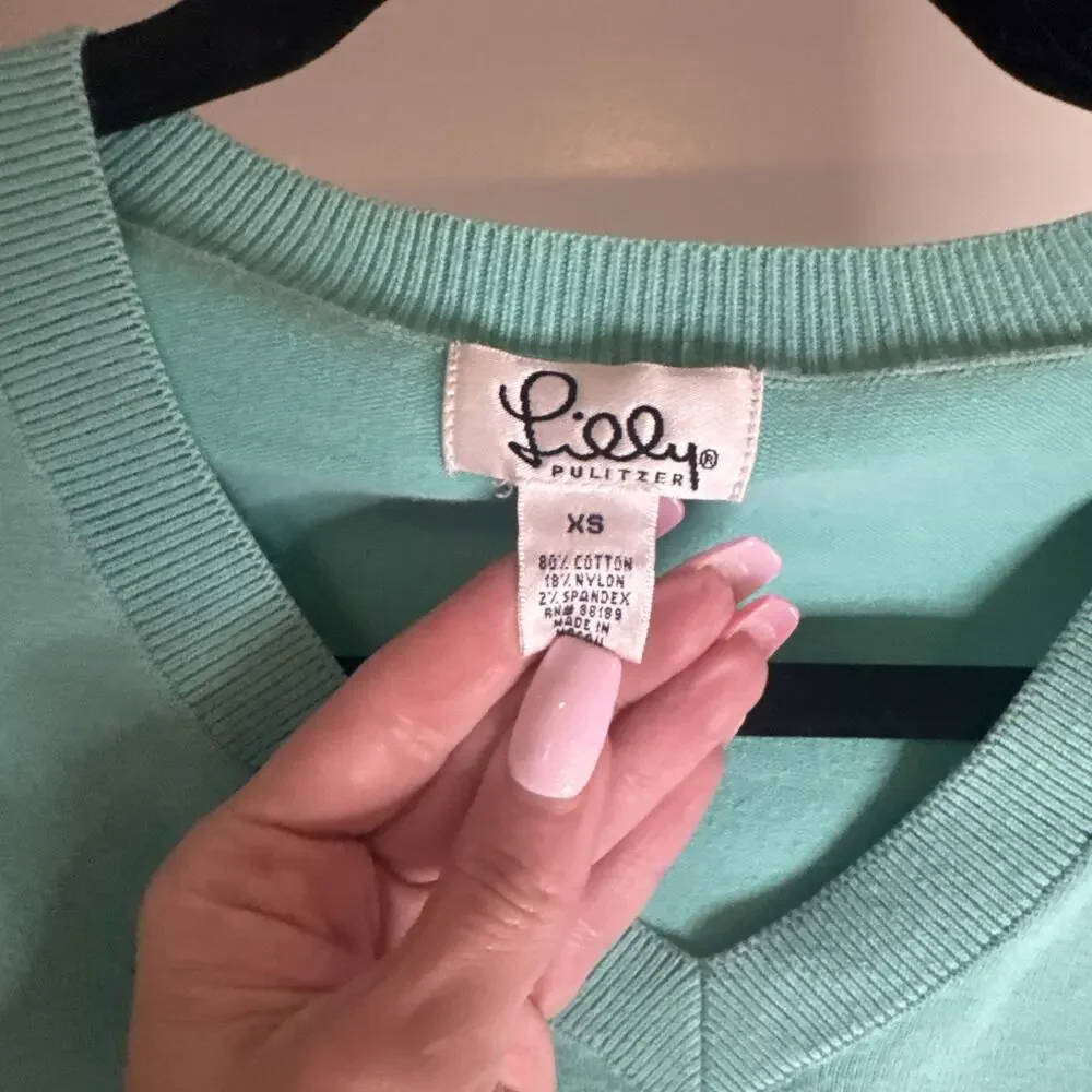 Vintage Lilly Pulitzer Solid Green V-Neck Pullover Sweater‎ Palm Tree Logo Sz XS